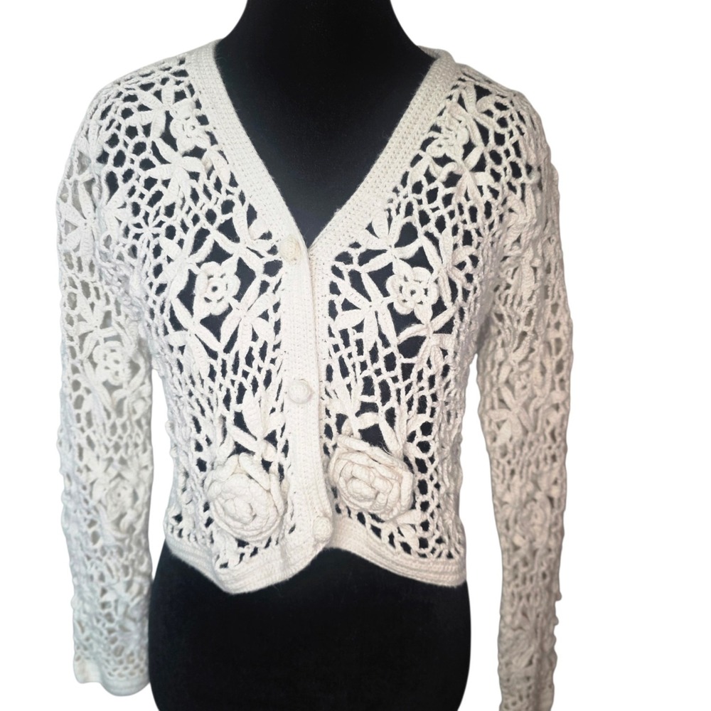 Vintage Chazzz Womens M Ivory Crochet Floral Cardigan Cottagecore Boho Ramie